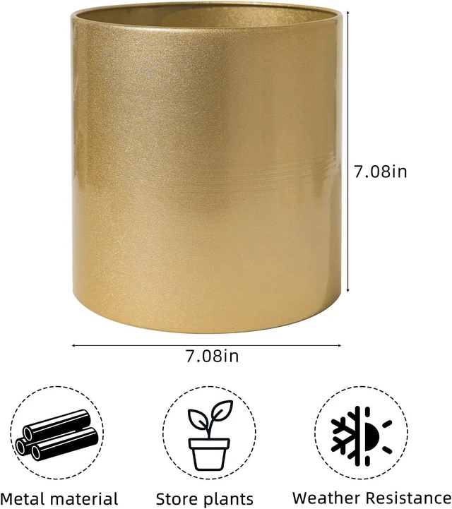Alt view image 3 of 7 - Gold Metal Plant Pot with Drainage Hole, 7 Inch Mid Century Modern Small Pot Indoor Outdoor Planters for Succulents, Flowers & Home Decor Gift Window Living Room Bedroom, Plant Not Include