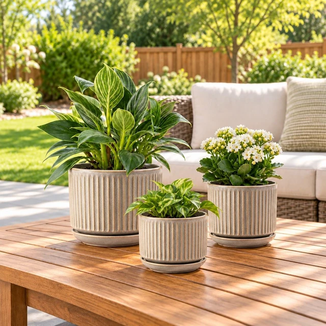 Alt view image 4 of 7 - Ceramic Plant Pots Set of 3, 4.3+5.5+6.8 Inch Indoor Outdoor Planters with Drainage Hole and Saucer, Ceramic Flower Pots for Indoor Plants, Home, Garden, Patio and Office, Matte Grey
