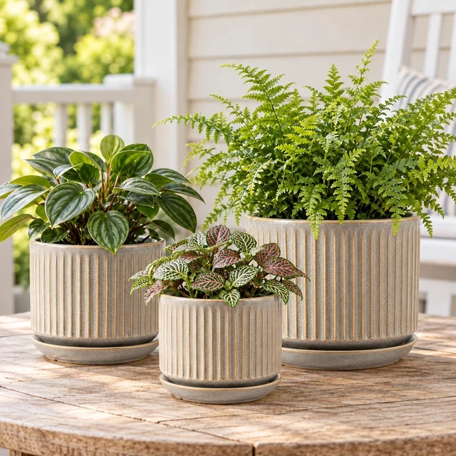 Alt view image 6 of 7 - Ceramic Plant Pots Set of 3, 4.3+5.5+6.8 Inch Indoor Outdoor Planters with Drainage Hole and Saucer, Ceramic Flower Pots for Indoor Plants, Home, Garden, Patio and Office, Matte Grey