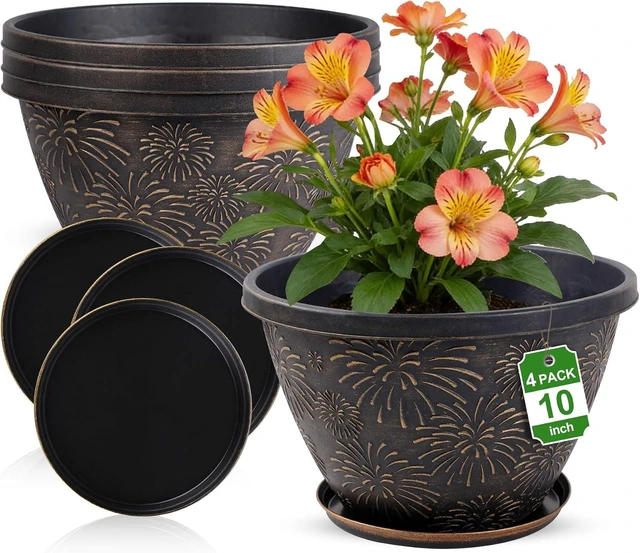 Main image of 4 Pack 10 Inch Plant Pots Drainage Holes and Saucers