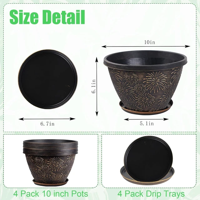Alt view image 3 of 7 - 4 Pack 10 Inch Plant Pots Drainage Holes and Saucers