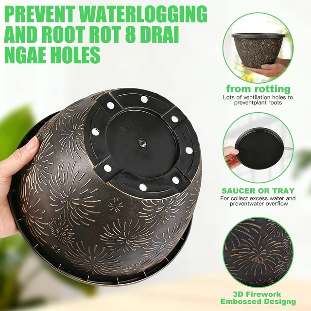 Alt view image 4 of 7 - 4 Pack 10 Inch Plant Pots Drainage Holes and Saucers
