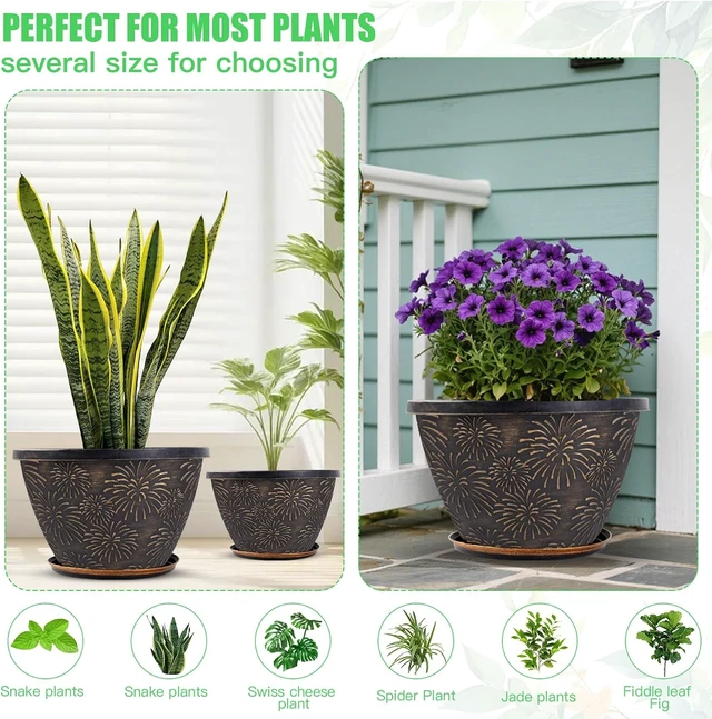 Alt view image 6 of 7 - 4 Pack 10 Inch Plant Pots Drainage Holes and Saucers