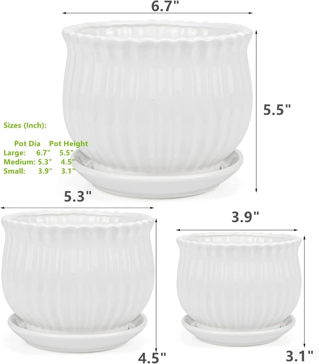 Alt view image 3 of 7 - Yesland 3 Pack Ceramic Planter Pots, 3.9"/5.3"/6.7" Modern Round Flower Pots with Drainage Holes & Saucers, Small Indoor Planters for Succulent Cactus, Home Decor Gift