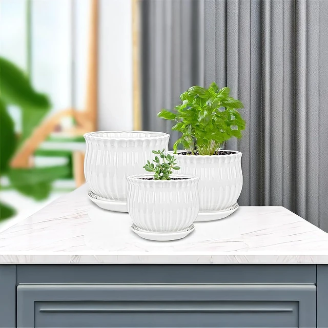 Alt view image 7 of 7 - Yesland 3 Pack Ceramic Planter Pots, 3.9"/5.3"/6.7" Modern Round Flower Pots with Drainage Holes & Saucers, Small Indoor Planters for Succulent Cactus, Home Decor Gift