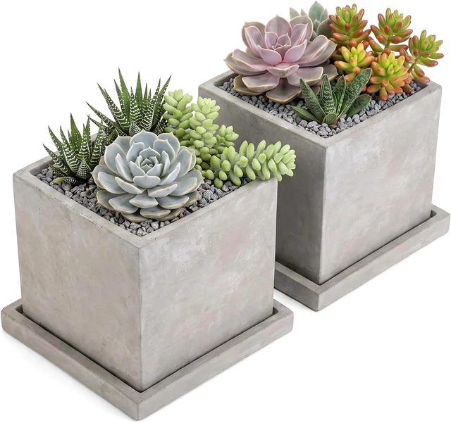 Alt view image 6 of 7 - MyGift 5-Inch Square Gray Cement Plant Pot with Drainage, Small Flower Succulent Planters with Removable Saucer Trays, Set of 2
