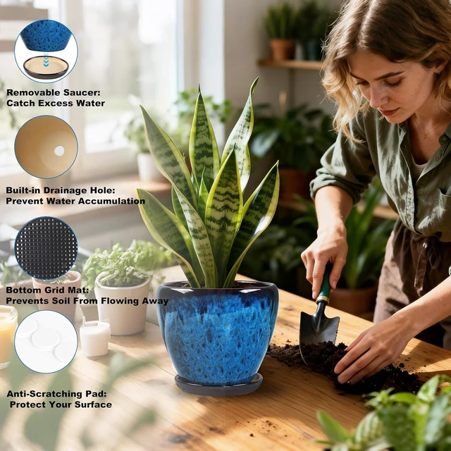Alt view image 5 of 7 - Ceramic Plant Pots With Saucer & Drainage Hole, 6 inch Indoor Flower Pots