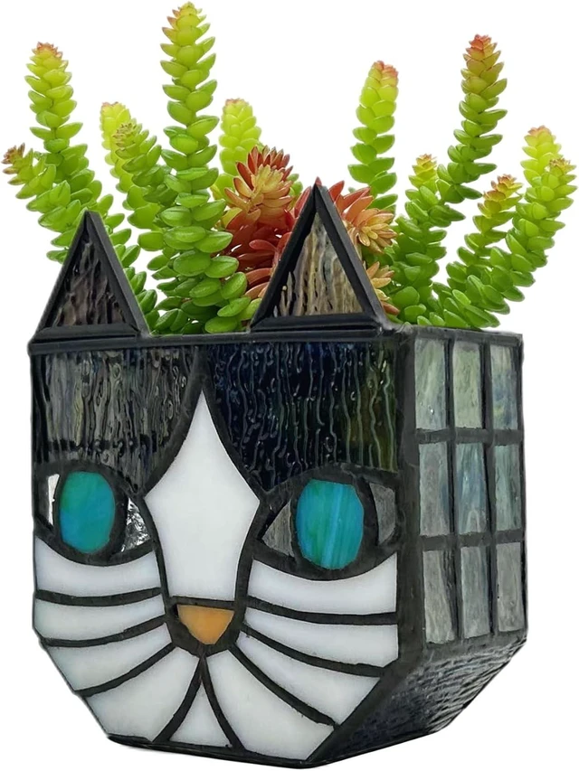Main image of Tiffany Cute Cat Stained Glass Flower Pots,Indoor and Outdoor Plant Displays,Cat Plant Planter,Candle Holder Container Decoration 4.6 x 5.15 x 2.3 inch(11.7 x 13.1 x 5.8 CM)(Without Succulents)Black