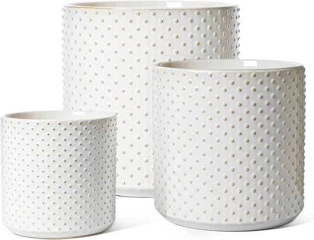 Main image of LE TAUCI 10+8+6 Inch Ceramic Pots for Plants, Indoor Planters with Drainage Hole and Plug, Raised Dots Cylinder Flower Pots Set of 3 for Living Room and Bedroom, Glossy, Arctic White