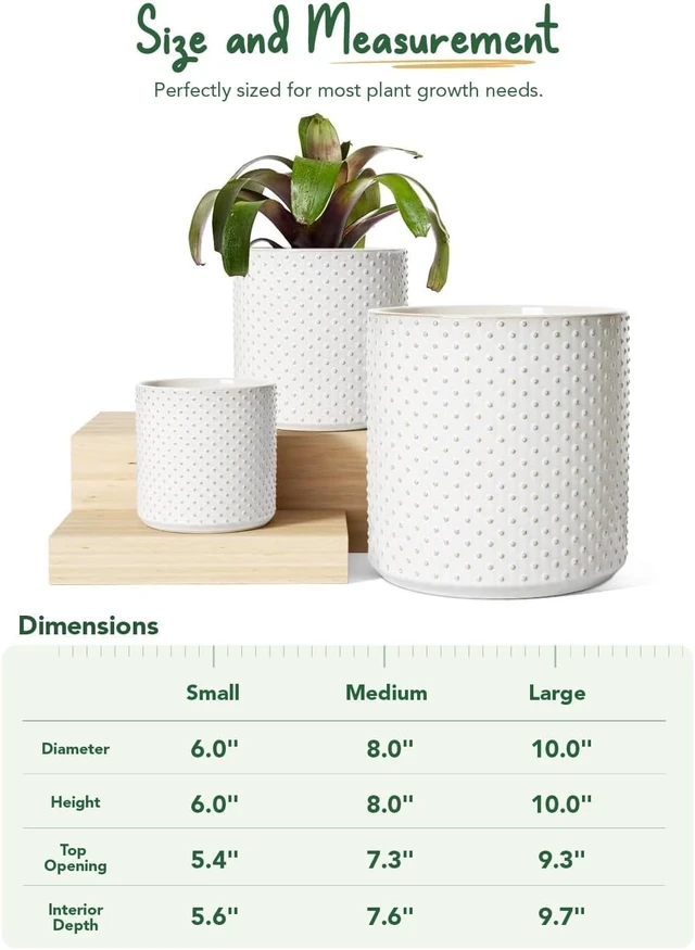 Alt view image 5 of 6 - LE TAUCI 10+8+6 Inch Ceramic Pots for Plants, Indoor Planters with Drainage Hole and Plug, Raised Dots Cylinder Flower Pots Set of 3 for Living Room and Bedroom, Glossy, Arctic White