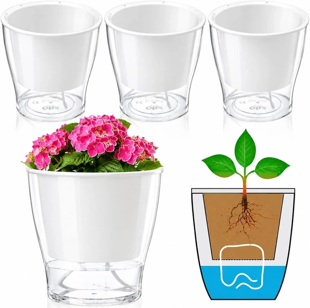 Main image of ZOOFOX 4 Pack Self Watering Pots for Indoor Plants, 7 Inch Large Clear Plastic Automatic-Watering Plant Pot, Modern Decorative Pot for Indoor Plants, Flowers, Herb, Aloe, Orchid, African Violets