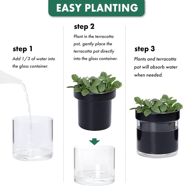 Alt view image 7 of 7 - Phoenix Vine 4 Inch Self Watering Terracotta Planter, Black Terracotta Clay Pot with Glass Reservoir for Indoor Plants, Herbs, Flowers, Set of 1, 52-C-E-1