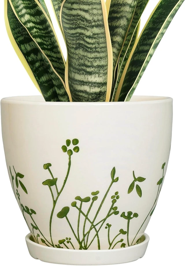 Main image of Indoor Plant Pot 8.2 Inch - Ceramic Planter with Drainage Hole and Saucer, Boho Round Decorative Flower Pot for Indoor Outdoor Flowers, Plant Lover Gifts, Office Home Garden Patio Decor, White