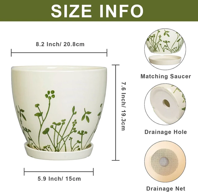 Alt view image 2 of 7 - Indoor Plant Pot 8.2 Inch - Ceramic Planter with Drainage Hole and Saucer, Boho Round Decorative Flower Pot for Indoor Outdoor Flowers, Plant Lover Gifts, Office Home Garden Patio Decor, White