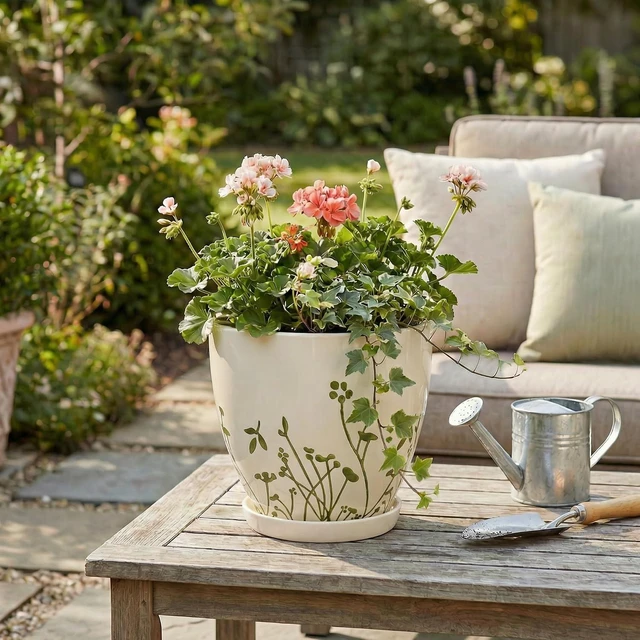 Alt view image 4 of 7 - Indoor Plant Pot 8.2 Inch - Ceramic Planter with Drainage Hole and Saucer, Boho Round Decorative Flower Pot for Indoor Outdoor Flowers, Plant Lover Gifts, Office Home Garden Patio Decor, White