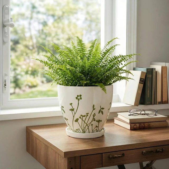 Alt view image 6 of 7 - Indoor Plant Pot 8.2 Inch - Ceramic Planter with Drainage Hole and Saucer, Boho Round Decorative Flower Pot for Indoor Outdoor Flowers, Plant Lover Gifts, Office Home Garden Patio Decor, White