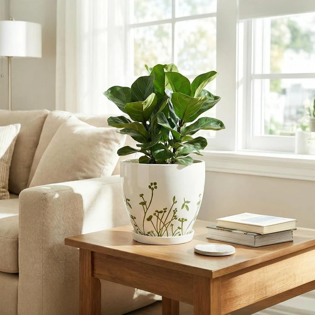 Alt view image 3 of 7 - Indoor Plant Pot 8.2 Inch - Ceramic Planter with Drainage Hole and Saucer, Boho Round Decorative Flower Pot for Indoor Outdoor Flowers, Plant Lover Gifts, Office Home Garden Patio Decor, White