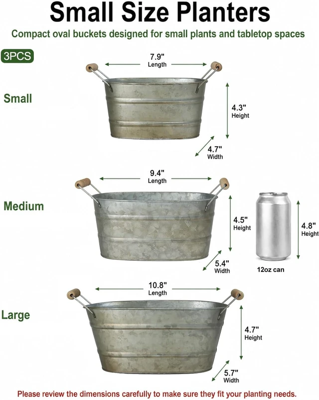 Alt view image 2 of 7 - Set of 3 Oval Planter Buckets with Handles, Antique Galvanized Gold