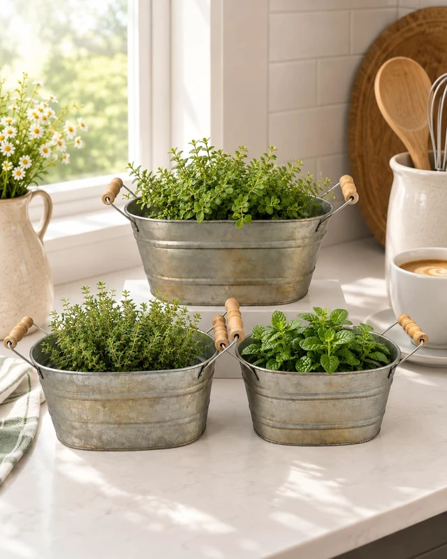 Alt view image 3 of 7 - Set of 3 Oval Planter Buckets with Handles, Antique Galvanized Gold