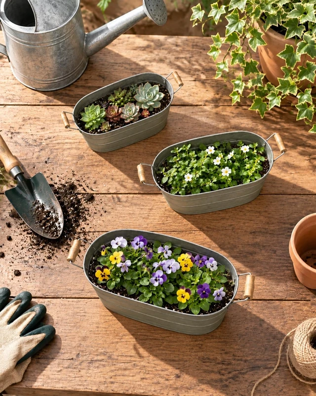 Alt view image 4 of 7 - Set of 3 Oval Planter Buckets with Handles, Antique Galvanized Gold
