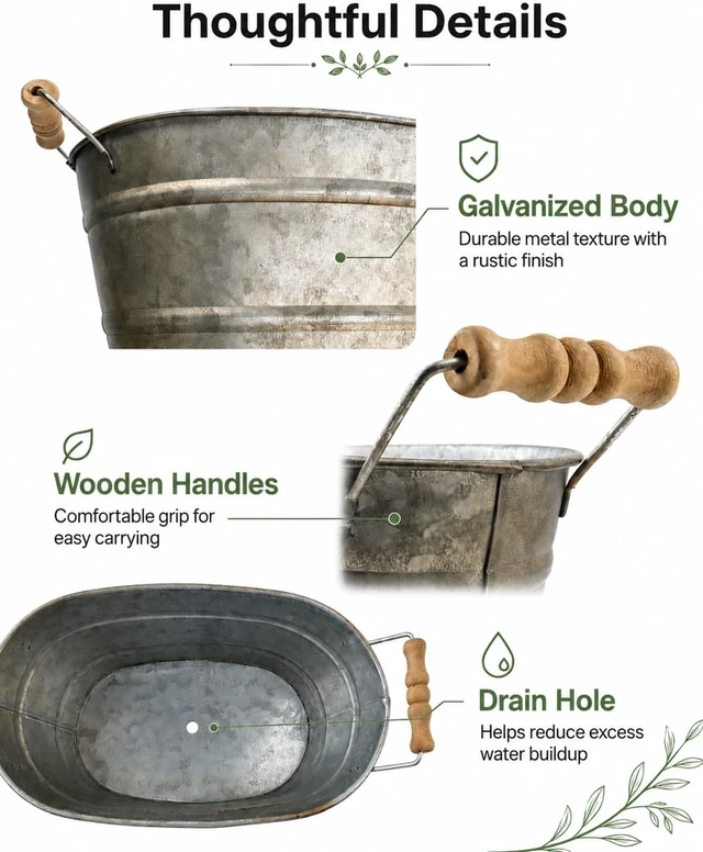 Alt view image 5 of 7 - Set of 3 Oval Planter Buckets with Handles, Antique Galvanized Gold