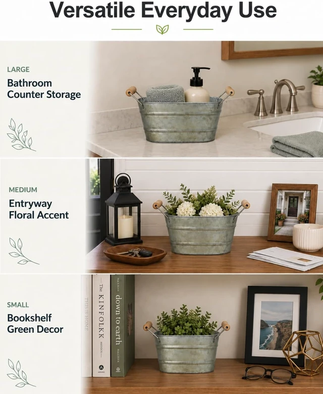 Alt view image 6 of 7 - Set of 3 Oval Planter Buckets with Handles, Antique Galvanized Gold