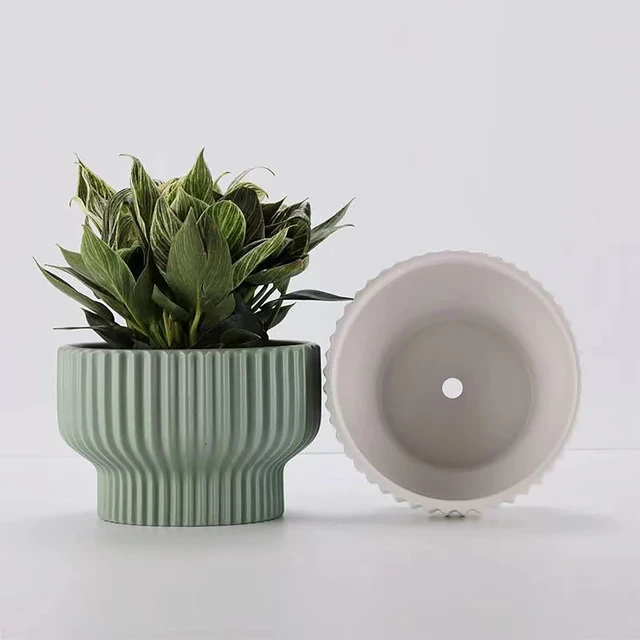Alt view image 3 of 6 - Puoyik 2 Piece Set of Flower Pots 8/6 inches, Ceramic Flower Pots with Drainage Holes, Indoor and Outdoor Plant Flower Planter (7.8/5.9 Green)