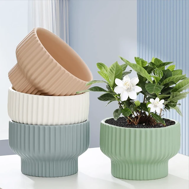 Alt view image 4 of 6 - Puoyik 2 Piece Set of Flower Pots 8/6 inches, Ceramic Flower Pots with Drainage Holes, Indoor and Outdoor Plant Flower Planter (7.8/5.9 Green)