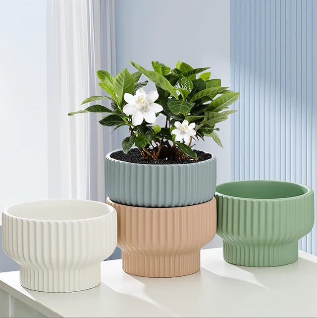 Alt view image 6 of 6 - Puoyik 2 Piece Set of Flower Pots 8/6 inches, Ceramic Flower Pots with Drainage Holes, Indoor and Outdoor Plant Flower Planter (7.8/5.9 Green)
