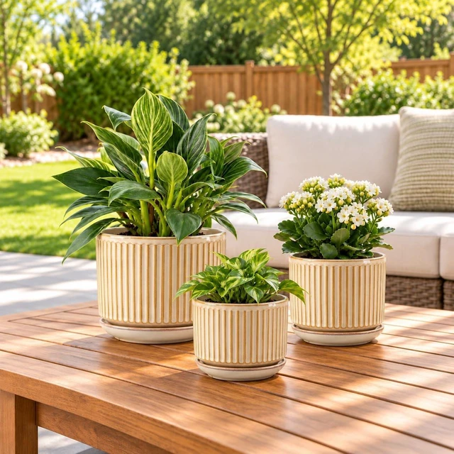Alt view image 3 of 7 - Ceramic Plant Pots Set of 3, 4.3+5.5+6.8 Inch Indoor Outdoor Planters with Drainage Hole and Saucer, Ceramic Flower Pots for Indoor Plants, Home, Garden, Patio and Office, Glossy Beige