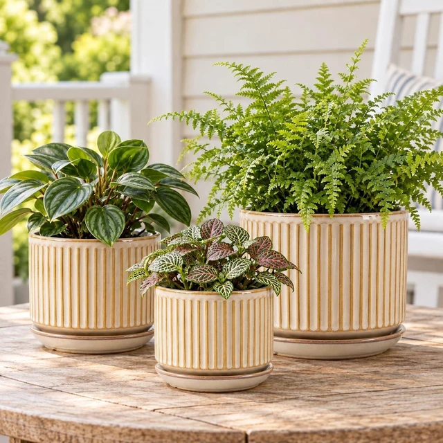 Alt view image 6 of 7 - Ceramic Plant Pots Set of 3, 4.3+5.5+6.8 Inch Indoor Outdoor Planters with Drainage Hole and Saucer, Ceramic Flower Pots for Indoor Plants, Home, Garden, Patio and Office, Glossy Beige