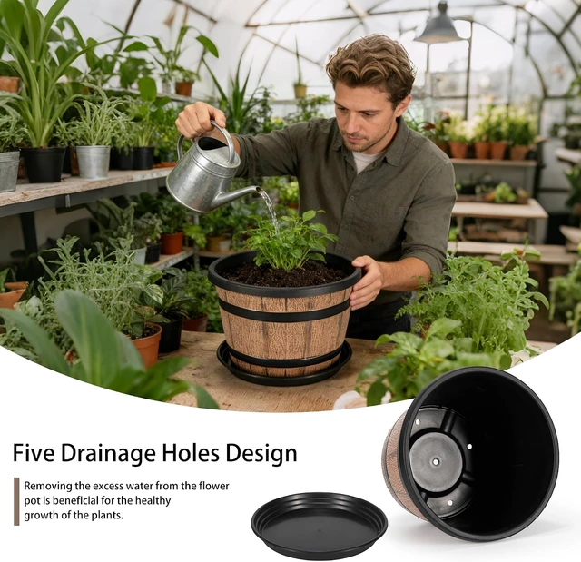 Alt view image 3 of 6 - Whiskey Barrel Planters 12 Inch, 5 Pack Plastic Pots with Wood Design
