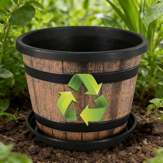 Alt view image 4 of 6 - Whiskey Barrel Planters 12 Inch, 5 Pack Plastic Pots with Wood Design