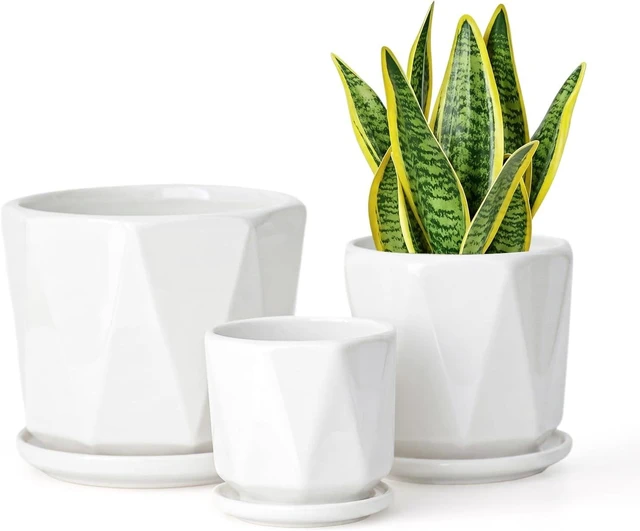 Main image of White Ceramic Planter Set of 3 with Drainage and Saucer, Indoor Plant Pots
