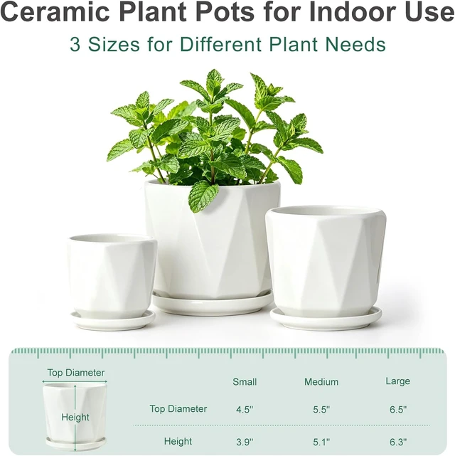 Alt view image 4 of 7 - White Ceramic Planter Set of 3 with Drainage and Saucer, Indoor Plant Pots