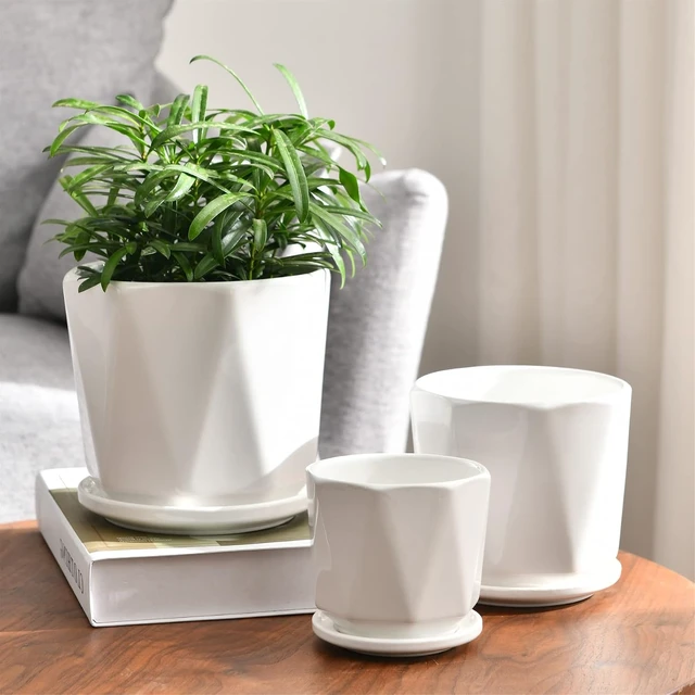 Alt view image 7 of 7 - White Ceramic Planter Set of 3 with Drainage and Saucer, Indoor Plant Pots