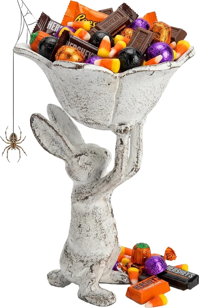 Alt view image 2 of 7 - Antique White Cast Iron Rabbit with Flower Bird Feeder - 6 Inch Plant Pot or Feeder - (Cute Planter for Garden Decor for Outside)