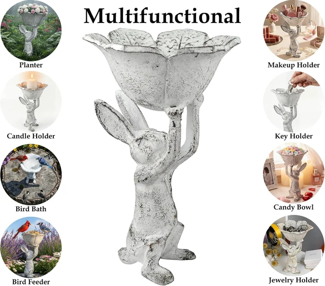 Alt view image 3 of 7 - Antique White Cast Iron Rabbit with Flower Bird Feeder - 6 Inch Plant Pot or Feeder - (Cute Planter for Garden Decor for Outside)
