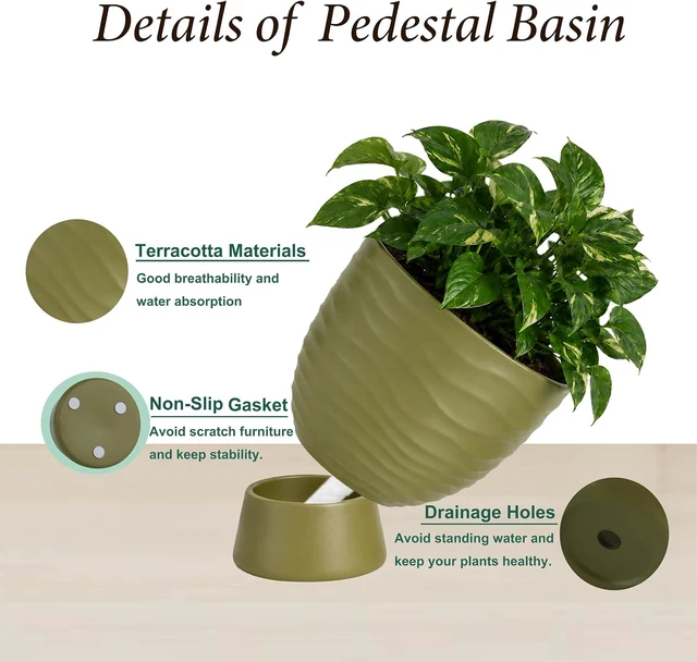 Alt view image 4 of 7 - Green Terracotta Self Watering Plant Pots, 6 and 8 Inch with Saucers