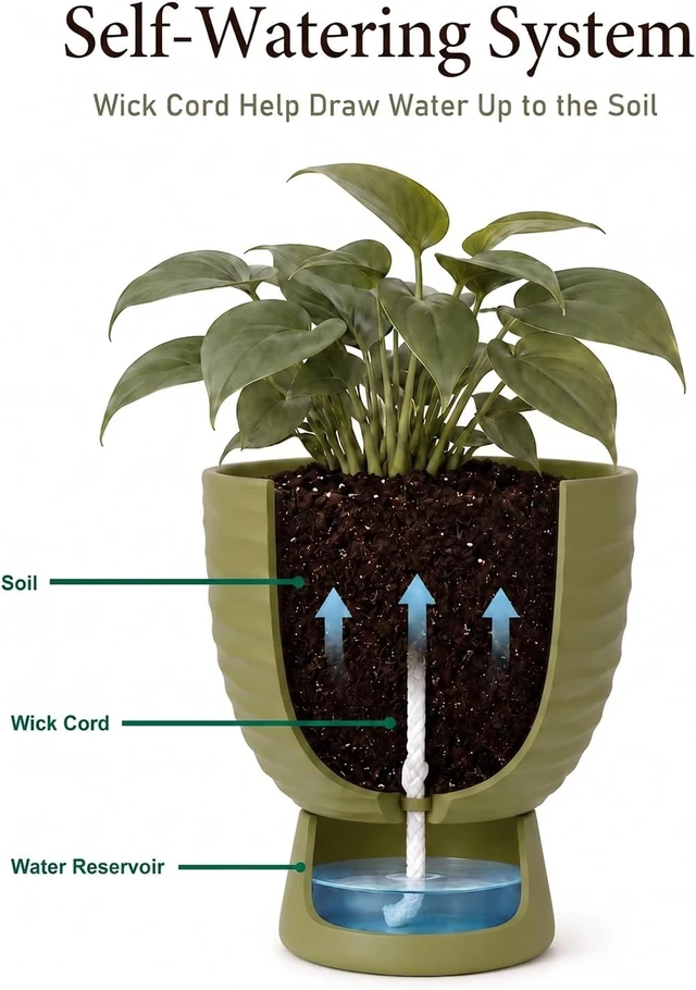 Alt view image 5 of 7 - Green Terracotta Self Watering Plant Pots, 6 and 8 Inch with Saucers