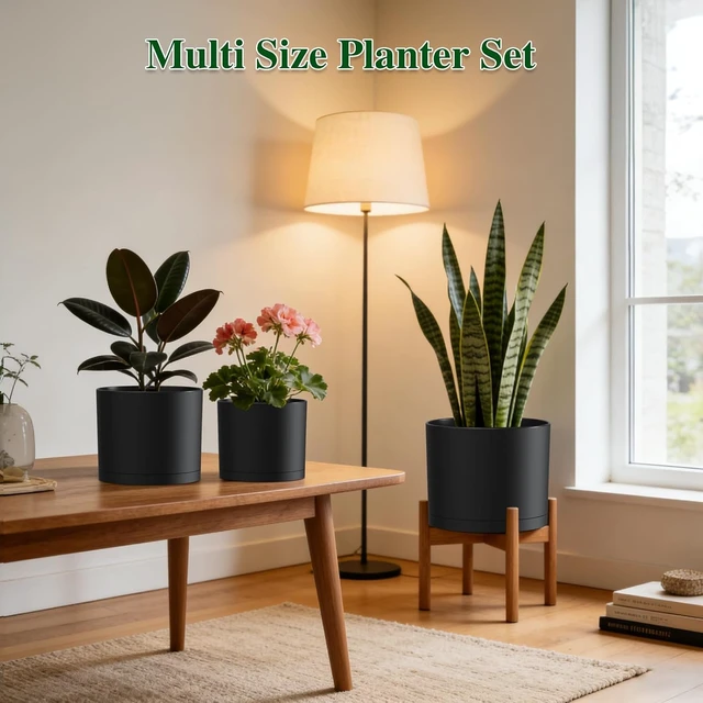 Alt view image 4 of 7 - Plant Pots, 10/9/8 Inch 3 Pack Cylindrical Flower Pots with Drainage Holes and Saucers, Plastic Planters for Outdoor Indoor Plants,Black