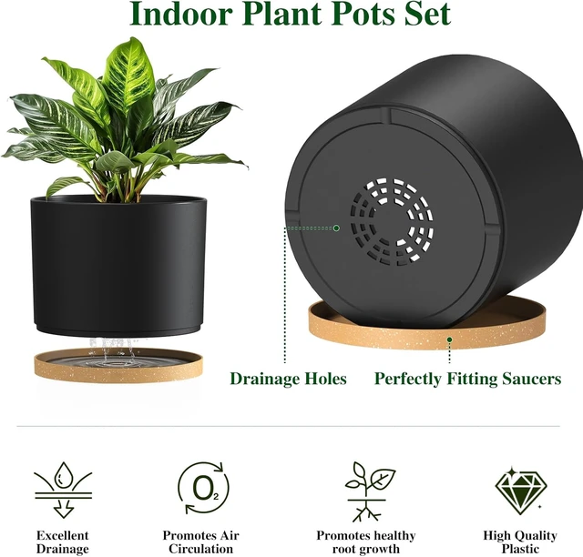 Alt view image 3 of 7 - Plant Pots, 10/9/8 Inch 3 Pack Cylindrical Flower Pots with Drainage Holes and Saucers, Plastic Planters for Outdoor Indoor Plants,Black