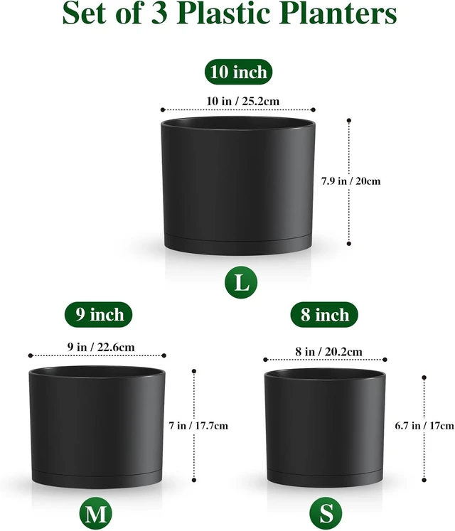 Alt view image 2 of 7 - Plant Pots, 10/9/8 Inch 3 Pack Cylindrical Flower Pots with Drainage Holes and Saucers, Plastic Planters for Outdoor Indoor Plants,Black