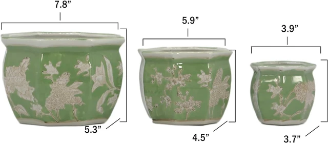 Alt view image 3 of 7 - Galt International Green & White Floral Porcelain Ceramic Decorative Flower Pot 8"/6"/4.5" Garden Pots Chinese Asian Design - Set of 3 Green Fluted