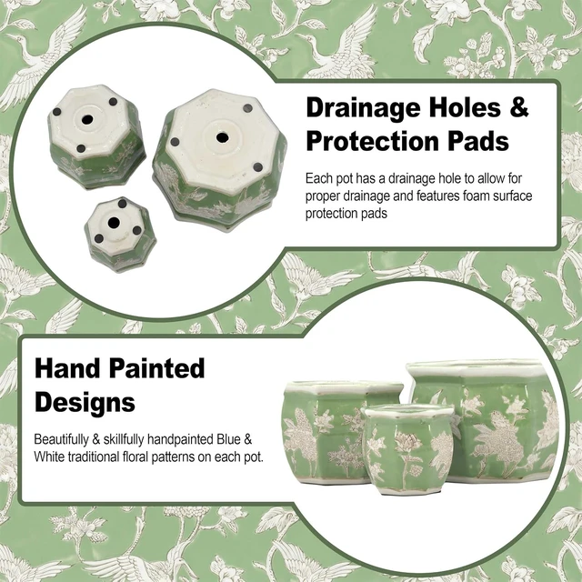 Alt view image 2 of 7 - Galt International Green & White Floral Porcelain Ceramic Decorative Flower Pot 8"/6"/4.5" Garden Pots Chinese Asian Design - Set of 3 Green Fluted