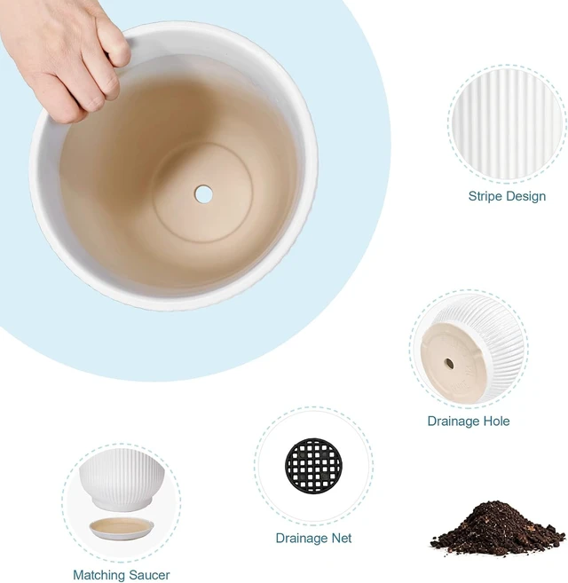Alt view image 6 of 7 - Deep Dream 8 Inch Ceramic Pots for Plants, Heavy Plant Pot for Indoor Outdoor Plants, Large Plant Pot with Drainage Hole and Saucer, Modern Tall Flower Pot, Gifts for Plant Lovers, White