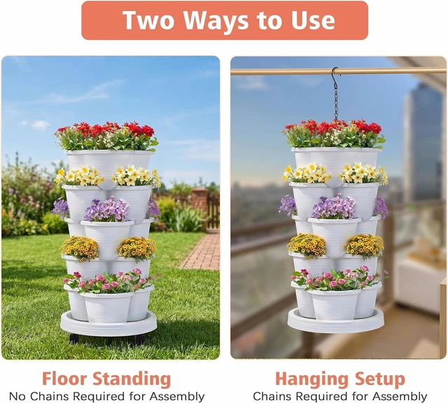 Alt view image 7 of 7 - VECELO 5 Tier Vertical Garden Planter, Self Watering Stackable Planters with Wheels for Strawberries, Herbs, Flowers, Vegetables, White
