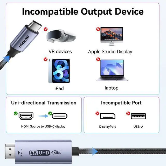 Alt view image 6 of 7 - BENFEI HDMI to USB C Cable 6 feet 4K@60Hz, Unidirectional HDMI (Source) to USB-C (Display) Adapter for MacBook, Steam Deck, PS5/4, Nintendo Switch, AR/XR, Portable Monitors