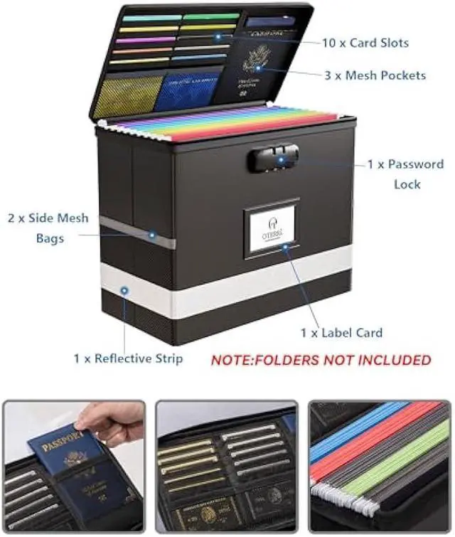 Alt view image 3 of 5 - Oterri Fireproof Document Box with Lock, Letter File Box, Portable Fire Safe Box with Handle, Waterproof Important Document Organizer Storage Safe Box for Home Travel Office (Black)