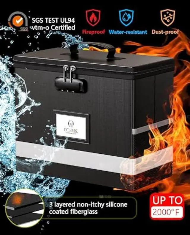 Alt view image 2 of 5 - Oterri Fireproof Document Box with Lock, Letter File Box, Portable Fire Safe Box with Handle, Waterproof Important Document Organizer Storage Safe Box for Home Travel Office (Black)